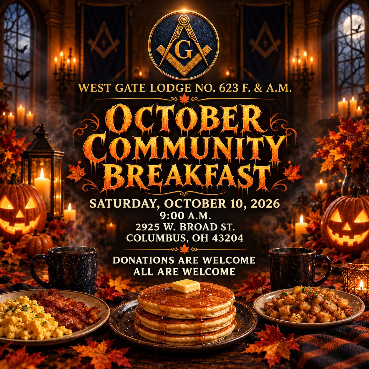 October Community Breakfast invitation, Saturday October 10, 2026, 9 a.m., donations welcome, all welcome